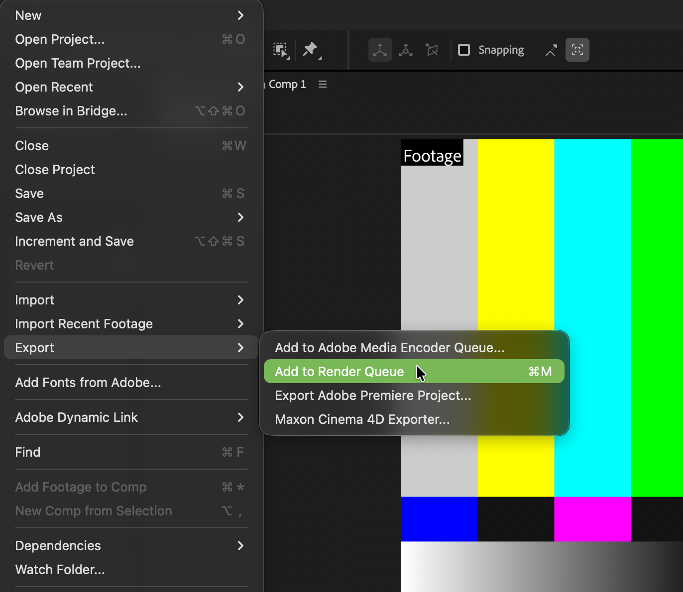 After Effects File menu with Export > Add to Render Queue