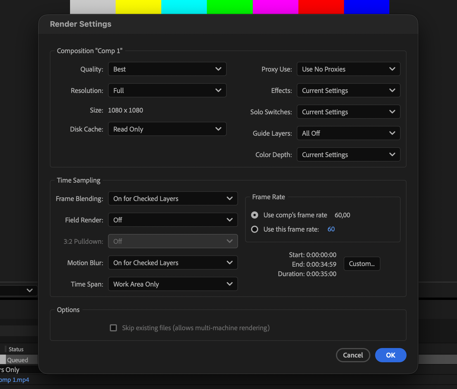 After Effects Render Settings with the frame rate option