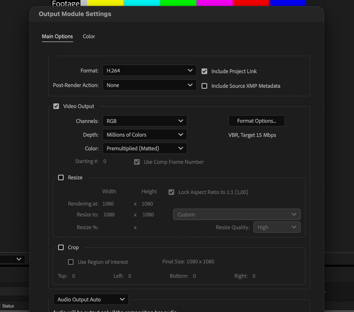 Output Module Settings with Format H.264 and the target bitrate