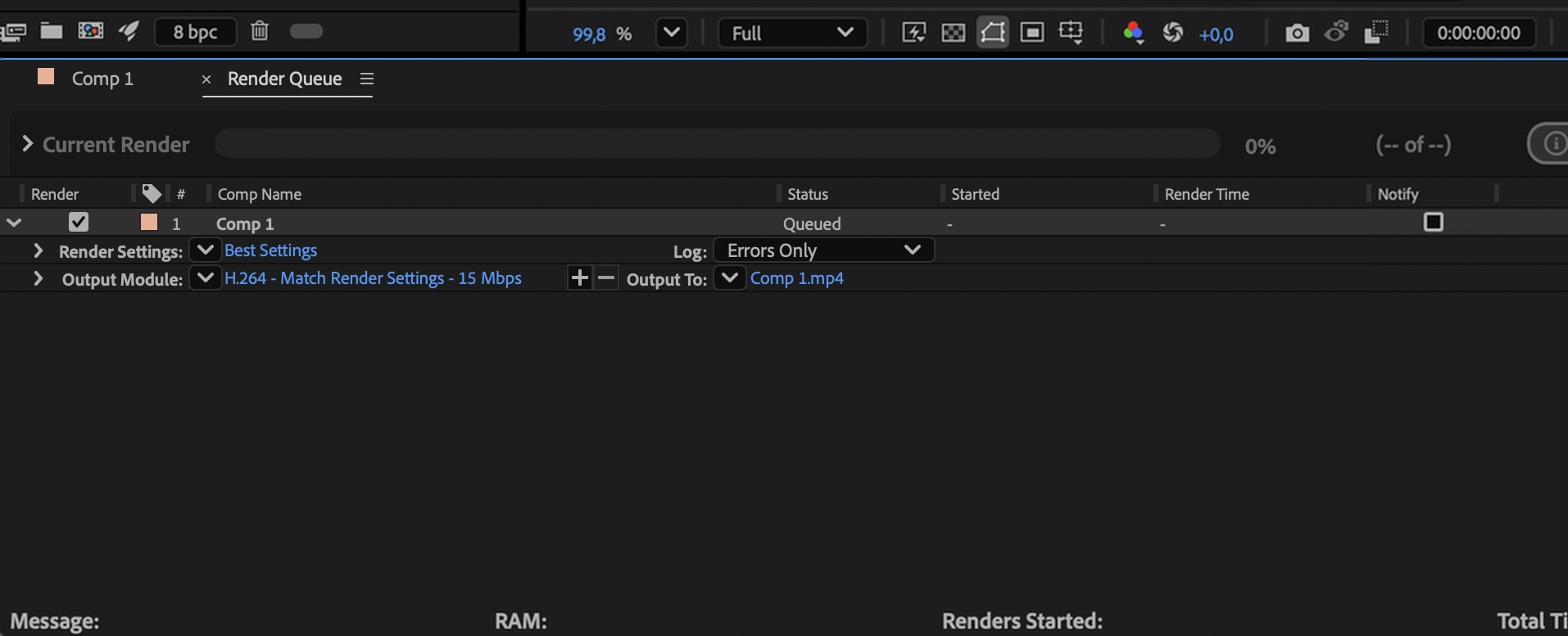 After Effects Render Queue with Output Module and Output To