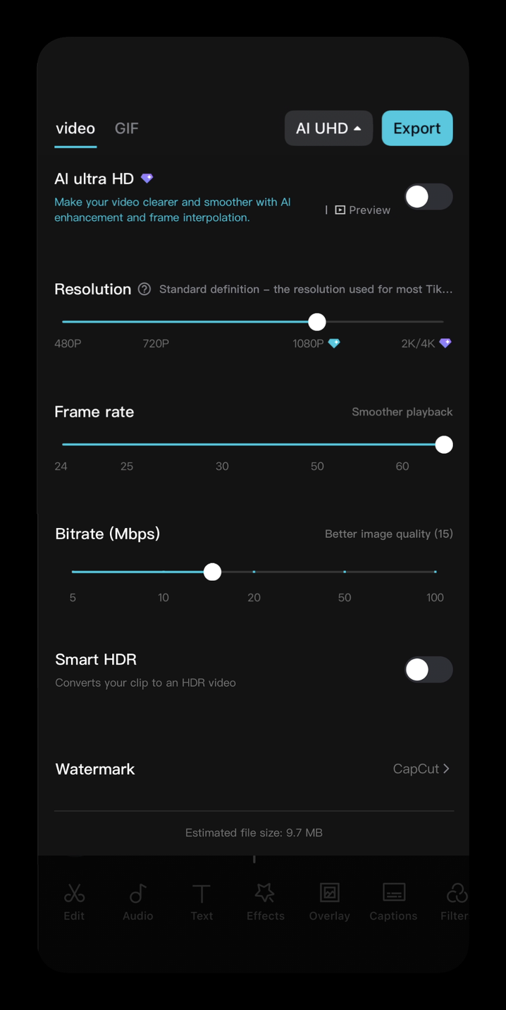 CapCut mobile export settings with resolution, frame rate and bitrate