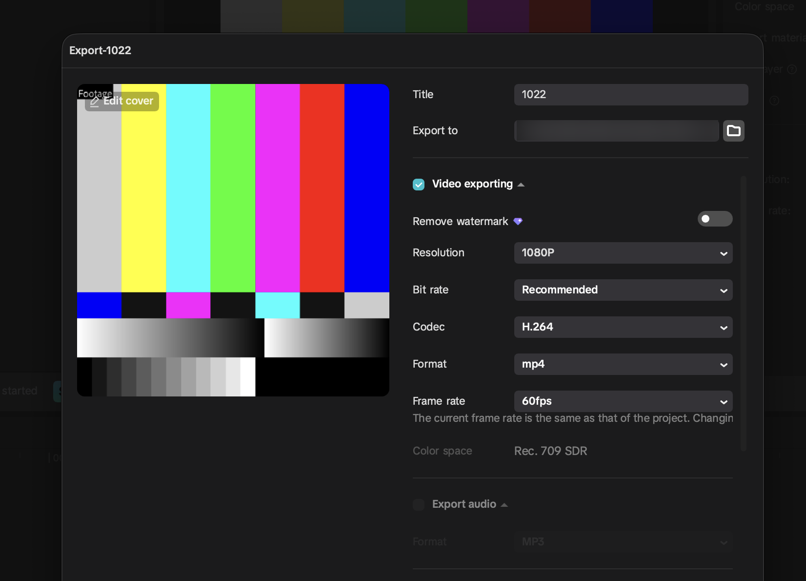 CapCut PC export panel with 1080p, H.264 and MP4