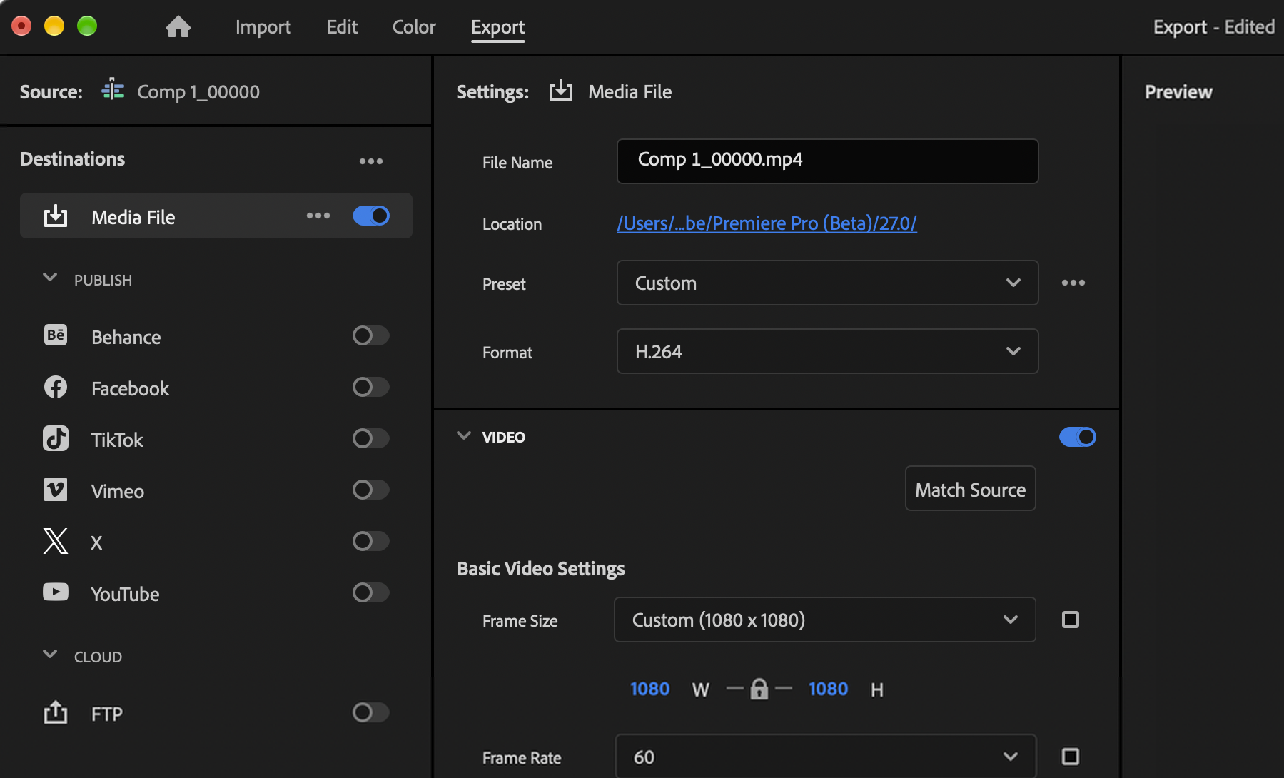Premiere Pro with the Export tab