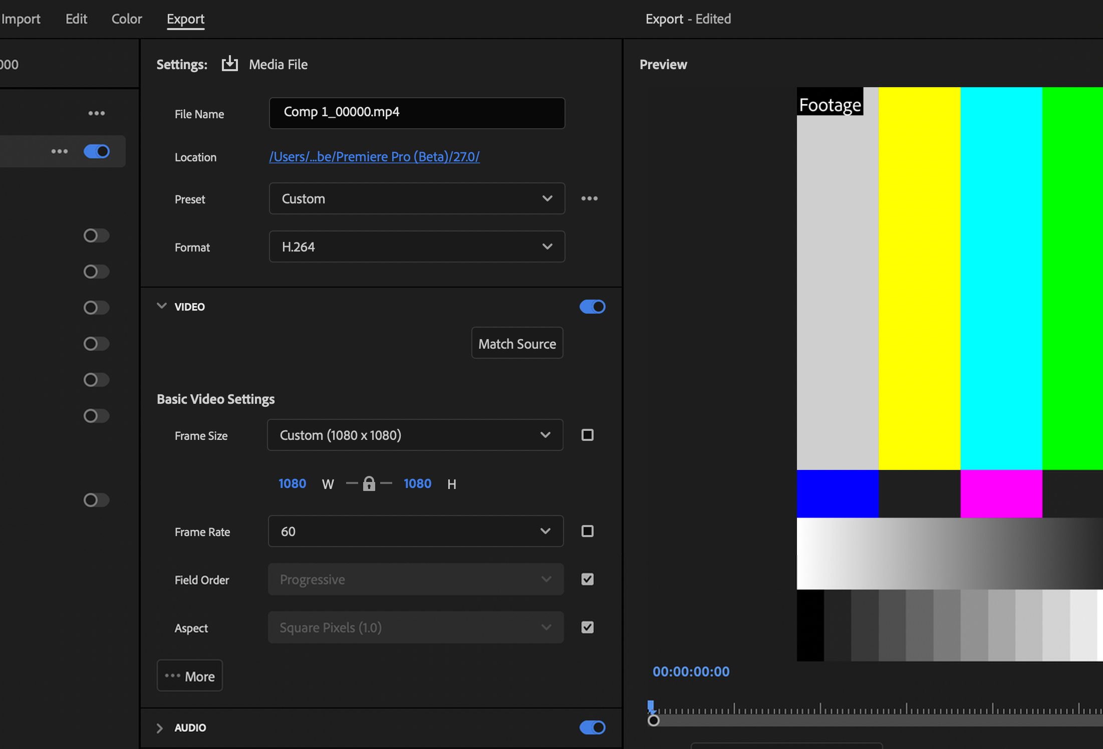 Premiere Pro Video settings with 1080p frame size and frame rate