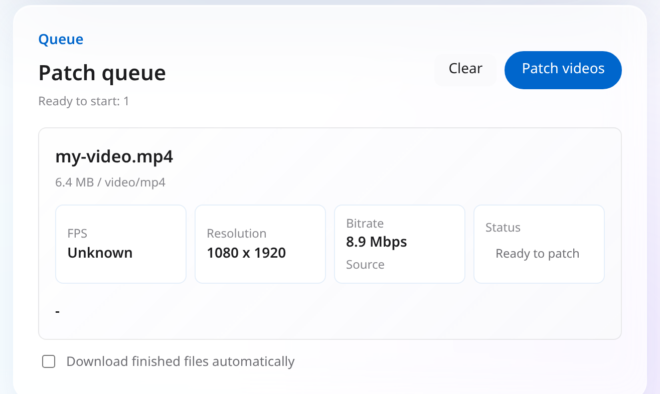 Patch videos button in the Upload120 queue
