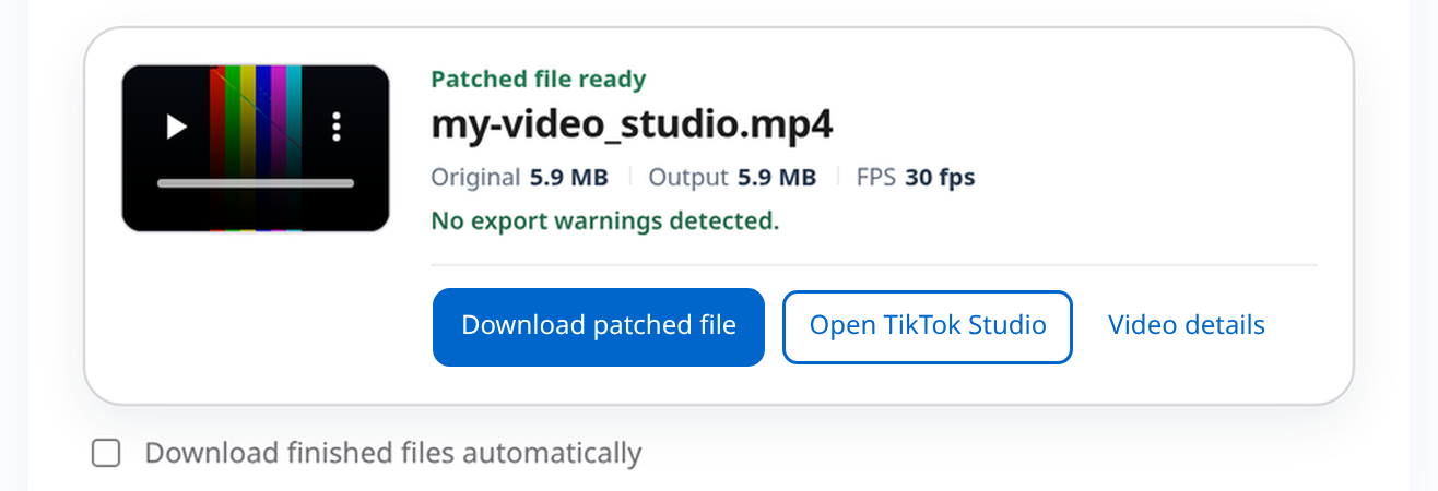 Download patched file button in the Upload120 queue