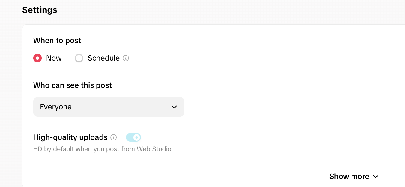 TikTok Studio settings with High-quality uploads on